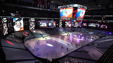 TORONTO, ONTARIO - JULY 29: The New York Islanders and the New York Rangers take the ice to start an exhibition game prior to the 2020 NHL Stanley Cup Playoffs at Scotiabank Arena on July 29, 2020 in Toronto, Ontario. (Photo by Andre Ringuette/Freestyle Photo/Getty Images)