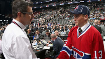 NEWARK, NJ - JUNE 30: Artturi Lehkonen greets the team after being selected 55th overall by the Montreal Canadiens during the 2013 NHL Draft at Prudential Center on June 30, 2013 in Newark, New Jersey. (Photo by Dave Sandford/NHLI via Getty Images)