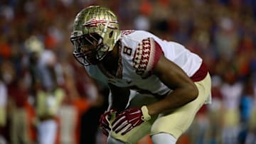 Nov 28, 2015; Gainesville, FL, USA; Florida State Seminoles defensive back Jalen Ramsey (8) against the Florida Gators during the first quarter at Ben Hill Griffin Stadium. Mandatory Credit: Kim Klement-USA TODAY Sports
