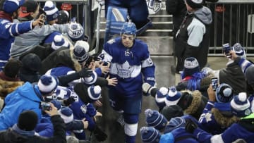 Jan 1, 2017; Toronto, Ontario, CAN; Toronto Maple Leafs center Auston Matthews (34) walks off the field after their overtime victory against the Detroit Red Wings during the Centennial Classic ice hockey game at BMO Field. The Maple Leafs beat the Red Wings 5-4 in overtime. Mandatory Credit: Tom Szczerbowski-USA TODAY Sports