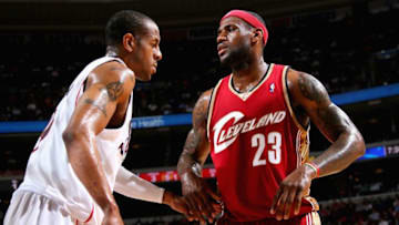 PHILADELPHIA - APRIL 10: Andre Iguodala #9 of the Philadelphia 76ers guards LeBron James #23 of the Cleveland Cavaliers during a game on April 10, 2009 at Wachovia Center in Philadelphia, Pennsylvania. The Cavaliers won 102-92. NOTE TO USER: User expressly acknowledges and agrees that, by downloading and/or using this Photograph, user is consenting to the terms and conditions of the Getty Images License Agreement. Mandatory Copyright Notice: Copyright 2009 NBAE (Photo by Jesse D. Garrabrant/NBAE via Getty Images)
