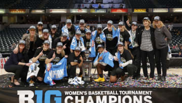 INDIANAPOLIS, IN - MARCH 10: The Iowa Hawkeyes are the 2019 Women's B1G Tournament championship game between the Maryland Terrapins and the Iowa Hawkeyes on March 10, 2019 at Bankers Life Fieldhouse, in Indianapolis Indiana.(Photo by Jeffrey Brown/Icon Sportswire via Getty Images)