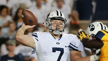 Sep 30, 2016; Provo, UT, USA; Brigham Young Cougars quarterback Taysom Hill (7) throws the ball from his end zone during the second quarter against the Toledo Rockets at Lavell Edwards Stadium. Mandatory Credit: Chris Nicoll-USA TODAY Sports