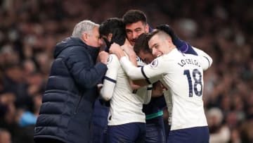 Tottenham Hotspur's Son Heung-min (centre) celebrates scoring his side's second goal of the game with manager Jose Mourinho (left) during the Premier League match at the Tottenham Hotspur Stadium, London. Tottenham Hotspur v Manchester City - Premier League - Tottenham Hotspur Stadium 02-02-2020 . (Photo by John Walton/EMPICS/PA Images via Getty Images)