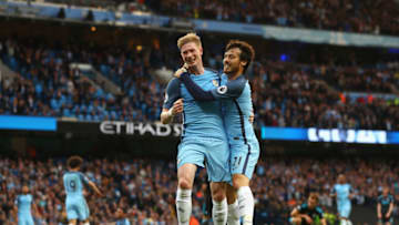 MANCHESTER, ENGLAND - MAY 16: Kevin De Bruyne of Manchester City celebrates scoring his sides second goal with David Silva of Manchester City during the Premier League match between Manchester City and West Bromwich Albion at Etihad Stadium on May 16, 2017 in Manchester, England. (Photo by Matthew Lewis/Getty Images)