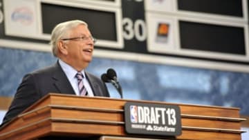 Jun 27, 2013; Brooklyn, NY, USA; NBA commissioner David Stern addresses the crowd before the 2013 NBA Draft at the Barclays Center. Mandatory Credit: Joe Camporeale-USA TODAY Sports