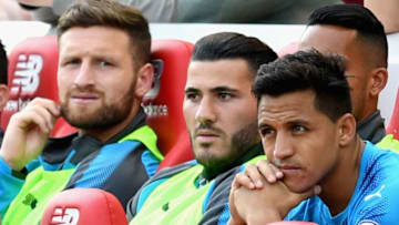 LIVERPOOL, ENGLAND - AUGUST 27: Sead Kolasinac of Arsenal looks on from the bench during the Premier League match between Liverpool and Arsenal at Anfield on August 27, 2017 in Liverpool, England. (Photo by Michael Regan/Getty Images)