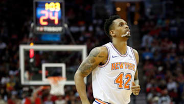 HOUSTON, TX - APRIL 05: Lance Thomas #42 of the New York Knicks enters the game in the first half against the Houston Rockets at Toyota Center on April 5, 2019 in Houston, Texas. NOTE TO USER: User expressly acknowledges and agrees that, by downloading and or using this photograph, User is consenting to the terms and conditions of the Getty Images License Agreement. (Photo by Tim Warner/Getty Images)
