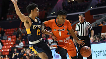 CHAMPAIGN, IL - DECEMBER 15: Illinois Fighting Illini guard Trent Frazier (1) dribbles by ETSU Buccaneers guard Patrick Good (10) during the college basketball game between the East Tennessee State Univeristy Buccaneers and the Illinois Fighting Illini on December 15, 2018, at State Farm Center in Champaign, Illinois. (Photo by Michael Allio/Icon Sportswire via Getty Images)