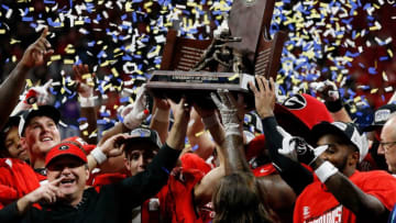 Georgia celebrates after winning the SEC Championship NCAA college football game between LSU and Georgia in Atlanta, on Saturday, Dec. 3, 2022. Georgia won 50-30.Syndication Online Athens