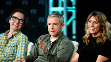 PASADENA, CALIFORNIA - JANUARY 09: (L-R) Chris Addison, Martin Freeman, and Daisy Haggard of 'Breeders' speak during the FX segment of the 2020 Winter TCA Tour at The Langham Huntington, Pasadena on January 09, 2020 in Pasadena, California. (Photo by Amy Sussman/Getty Images)