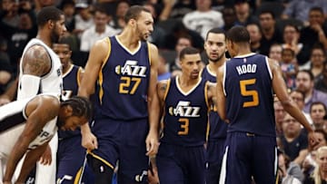 Nov 1, 2016; San Antonio, TX, USA; Utah Jazz point guard George Hill (3) celebrates with his teammates after a basket and foul against the San Antonio Spurs during the second half at AT&T Center. The Jazz won 106-91. Mandatory Credit: Soobum Im-USA TODAY Sports