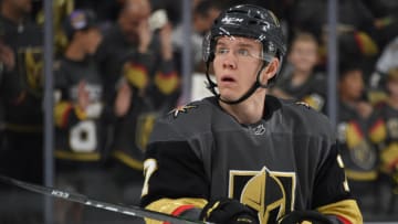 LAS VEGAS, NEVADA - OCTOBER 02: Valentin Zykov #7 of the Vegas Golden Knights warms up prior to a game against the San Jose Sharks at T-Mobile Arena on October 02, 2019 in Las Vegas, Nevada. (Photo by David Becker/NHLI via Getty Images)