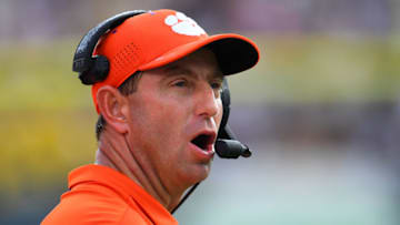 ATLANTA, GA - SEPTEMBER 22: Head Coach Dabo Swinney of the Clemson Tigers calls a play against the Georgia Tech Yellow Jackets on September 22, 2018 in Atlanta, Georgia. (Photo by Scott Cunningham/Getty Images)