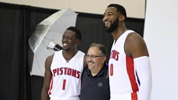 Sep 26, 2016; Detroit, MI, USA; Detroit Pistons center Andre Drummond (0) poses for a photo with head coach Stan Van Gundy and guard Reggie Jackson (1) during media day at the Pistons Practice Facility. Mandatory Credit: Raj Mehta-USA TODAY Sports