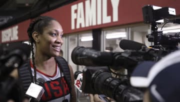 COLUMBIA, SC - SEPTEMBER 3: A'ja Wilson of the 2018 USA Basketball Women's National Team talks to the media after training camp at the University of South Carolina on September 3, 2018 in Columbia, South Carolina. NOTE TO USER: User expressly acknowledges and agrees that, by downloading and/or using this Photograph, user is consenting to the terms and conditions of the Getty Images License Agreement. Mandatory Copyright Notice: Copyright 2018 NBAE (Photo by Travis Bell/NBAE via Getty Images)