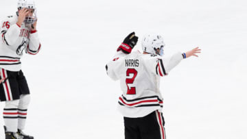 BOSTON, MA - FEBRUARY 10: Jordan Harris #2 of the Northeastern Huskies celebrates his double-overtime winning goal against the Boston University Terriers with teammate Craig Pantano #29 during NCAA hockey in the championship game of the annual Beanpot Hockey Tournament at TD Garden on February 10, 2020 in Boston, Massachusetts. The Huskies won 5-4 for their third consecutive Beanpot championship. (Photo by Richard T Gagnon/Getty Images)