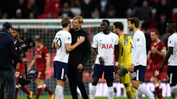 LONDON, ENGLAND - OCTOBER 22: Harry Kane of Tottenham Hotspur and Jurgen Klopp, Manager of Liverpool embrace after the Premier League match between Tottenham Hotspur and Liverpool at Wembley Stadium on October 22, 2017 in London, England. (Photo by Stu Forster/Getty Images)