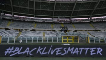 TURIN, ITALY - JULY 29: The logo of Black Lives Matter on billboards on background during the Serie A match between Torino FC and AS Roma at Stadio Olimpico di Torino on July 29, 2020 in Turin, Italy. (Photo by Stefano Guidi/Getty Images)