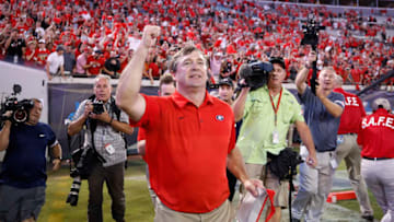 JACKSONVILLE, FL - OCTOBER 28: Georgia Bulldogs head coach Kirby Smart celebrates after a game against the Florida Gators at EverBank Field on October 28, 2017 in Jacksonville, Florida. Georgia defeated Florida 42-7. (Photo by Joe Robbins/Getty Images)