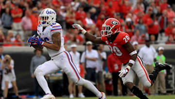 JACKSONVILLE, FL - OCTOBER 27: Freddie Swain #16 of the Florida Gators scores a touchdown during a game against the Georgia Bulldogs at TIAA Bank Field on October 27, 2018 in Jacksonville, Florida. (Photo by Mike Ehrmann/Getty Images)