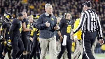 IOWA CITY, IA - NOVEMBER 14: Head coach Kirk Ferentz of the Iowa Hawkeyes goes out to talk to an official in the first half against the Minnesota Gophers on November 14, 2015 at Kinnick Stadium, in Iowa City, Iowa. (Photo by Matthew Holst/Getty Images)