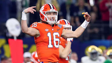 ARLINGTON, TEXAS - DECEMBER 29: Trevor Lawrence #16 of the Clemson Tigers gestures in the first half against the Notre Dame Fighting Irish during the College Football Playoff Semifinal Goodyear Cotton Bowl Classic at AT&T Stadium on December 29, 2018 in Arlington, Texas. (Photo by Tom Pennington/Getty Images)