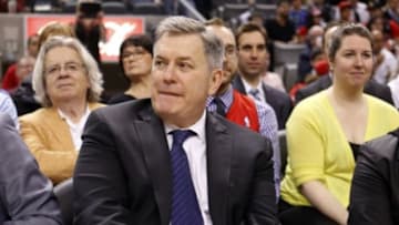 Apr 14, 2014; Toronto, Ontario, CAN; Maple Leaf Sports and Entertainment CEO and president Tim Leiweke during a break in the action of a game between the Toronto Raptors and Milwaukee Bucks at the Air Canada Centre. Mandatory Credit: John E. Sokolowski-USA TODAY Sports