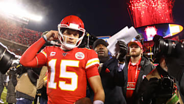 Jan 12, 2020; Kansas City, Missouri, USA; Fireworks go off as Kansas City Chiefs quarterback Patrick Mahomes (15) celebrates after defeating the Houston Texans in a AFC Divisional Round playoff football game at Arrowhead Stadium. Mandatory Credit: Jay Biggerstaff-USA TODAY Sports