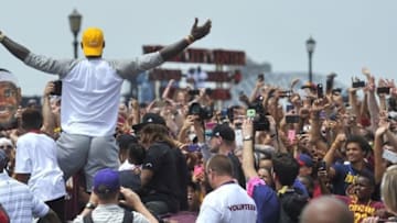 Jun 22, 2016; Cleveland, OH, USA; Cleveland Cavaliers forward LeBron James celebrates during the NBA championship parade in downtown Cleveland. Mandatory Credit: David Richard-USA TODAY Sports