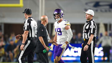 LOS ANGELES, CA - SEPTEMBER 27: Wide receiver Adam Thielen #19 of the Minnesota Vikings reacts after the referee calls a medical time-out in the game against the Los Angeles Rams at Los Angeles Memorial Coliseum on September 27, 2018 in Los Angeles, California. (Photo by Kevork Djansezian/Getty Images)