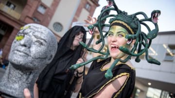 FRANKFURT AM MAIN, GERMANY - OCTOBER 14: Cosplayer pose as 'Medusa' (R) and 'Martha' of the game 'Outlast 2' the 2017 Frankfurt Book Fair (Frankfurter Buchmesse) on October 14, 2017 in Frankfurt am Main, Germany. The 11th German Cosplay Championship take place at the Congress Centre Messe Frankfurt. At the Book Fair is a hall dedicated for manga and cosplayer. From comics to cartoons to manga, funnies for children, romance for teens and graphic novels for adults, there's an audience for every genre. The 2017 fair, which is among the world's largest book fairs, will be open to the public from October 11-15. (Photo by Thomas Lohnes/Getty Images)