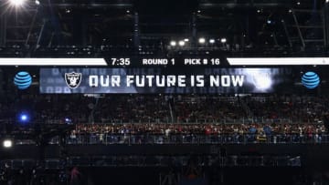 ARLINGTON, TX - APRIL 26: A video board displays the text "OUR FUTURE IS NOW" for the Oakland Raiders during the first round of the 2018 NFL Draft at AT&T Stadium on April 26, 2018 in Arlington, Texas. (Photo by Tom Pennington/Getty Images)