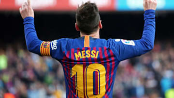 Leo Messi goal celebration during the match between FC Barcelona and RCD Espanyol, corresponding to the week 29 of the Liga Santander, played at the Camp Nou Stadium, on 30th March 2019, in Barcelona, Spain. (Photo by Joan Valls/Urbanandsport /NurPhoto via Getty Images)