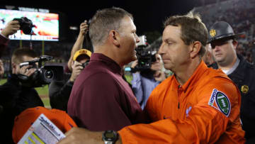 Sep 30, 2017; Blacksburg, VA, USA; Clemson Tigers head coach Dabo Swinney and Virginia Tech Hokies head coach Justin Fuente shake hands after the game at Lane Stadium. Mandatory Credit: Peter Casey-USA TODAY Sports