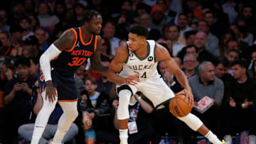 NEW YORK, NEW YORK - NOVEMBER 30: (NEW YORK DAILIES OUT) Giannis Antetokounmpo #34 of the Milwaukee Bucks in action against Julius Randle #30 of the New York Knicks at Madison Square Garden on November 30, 2022 in New York City. The Bucks defeated the Knicks 109-103. NOTE TO USER: User expressly acknowledges and agrees that, by downloading and or using this photograph, User is consenting to the terms and conditions of the Getty Images License Agreement. (Photo by Jim McIsaac/Getty Images)
