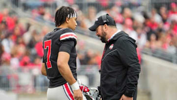 Ohio State Buckeyes head coach Ryan Day talks to quarterback C.J. Stroud (7) during the spring football game at Ohio Stadium in Columbus on April 16, 2022.Ncaa Football Ohio State Spring Game