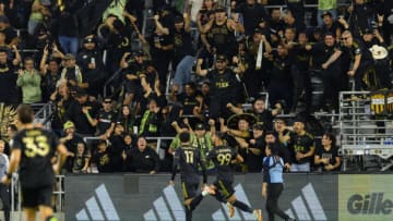 LOS ANGELES, CA - SEPTEMBER 27: LAFC fans celebrate a goal that was later disqualified during a game between Tigres UANL and Los Angeles FC at Banc of California Stadium on September 27, 2023 in Los Angeles, California. (Photo by Jenny Chuang/ISI Photos/Getty Images)