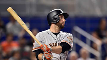 Aug 10, 2016; Miami, FL, USA; San Francisco Giants first baseman Brandon Belt (9) at bat during a game against the Miami Marlins at Marlins Park. Mandatory Credit: Steve Mitchell-USA TODAY Sports