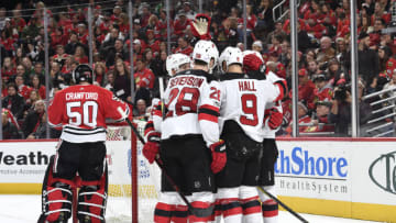 CHICAGO, IL - NOVEMBER 12: The New Jersey Devils celebrate after scoring against the Chicago Blackhawks in the second period at the United Center on November 12, 2017 in Chicago, Illinois. (Photo by Bill Smith/NHLI via Getty Images)