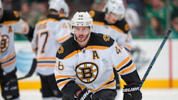 Feb 20, 2016; Dallas, TX, USA; Boston Bruins center David Krejci (46) celebrates a goal against the Dallas Stars at the American Airlines Center. The Bruins defeat the Stars 7-3. Mandatory Credit: Jerome Miron-USA TODAY Sports