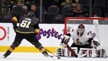 LAS VEGAS, NEVADA - OCTOBER 17: Anders Nilsson #31 of the Ottawa Senators blocks a shootout goal attempt by Mark Stone #61 of the Vegas Golden Knights in the third period of their game at T-Mobile Arena on October 17, 2019 in Las Vegas, Nevada. The Golden Knights defeated the Senators 3-2 in a shootout. (Photo by Ethan Miller/Getty Images)