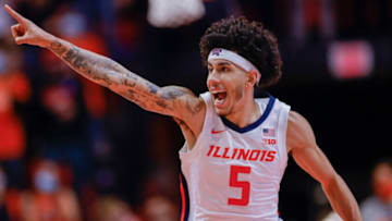 CHAMPAIGN, IL - NOVEMBER 12: Andre Curbelo #5 of the Illinois Fighting Illini is seen during the game against the Arkansas State Red Wolves at State Farm Center on November 12, 2021 in Champaign, Illinois. (Photo by Michael Hickey/Getty Images)