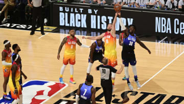 Feb 19, 2023; Salt Lake City, UT, USA; Team Giannis forward Domantas Sabonis (10) and Team LeBron forward Julius Randle (30) battle for a tip-off during the first half in the 2023 NBA All-Star Game at Vivint Arena. Mandatory Credit: Christopher Creveling-USA TODAY Sports