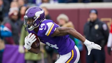 Dec 20, 2015; Minneapolis, MN, USA; Minnesota Vikings wide receiver Stefon Diggs (14) returns a kick in the third quarter against the Chicago Bears at TCF Bank Stadium. The Minnesota Vikings beat the Chicago Bears 38-17. Mandatory Credit: Brad Rempel-USA TODAY Sports