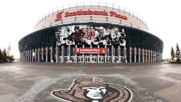 OTTAWA, CANADA - OCTOBER 20: Exterior view of Scotiabank Place during daylight, with the team logo in the foreground, prior of start of an NHL game between the Ottawa Senators and the Winnipeg Jets, on October 20, 2011 in Ottawa, Ontario, Canada. (Photo by Jana Chytilova/Freestyle Photography/Getty Images)