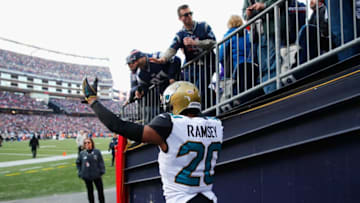 FOXBOROUGH, MA - JANUARY 21: Jalen Ramsey #20 of the Jacksonville Jaguars walks onto the field before the AFC Championship Game against the New England Patriots at Gillette Stadium on January 21, 2018 in Foxborough, Massachusetts. (Photo by Kevin C. Cox/Getty Images)