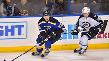 Feb 9, 2016; St. Louis, MO, USA; St. Louis Blues defenseman Colton Parayko (55) skates away from Winnipeg Jets center Mark Scheifele (55) during the third period at Scottrade Center. The Winnipeg Jets defeat the St. Louis Blues 2-1 in a shootout. Mandatory Credit: Jasen Vinlove-USA TODAY Sports