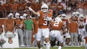 Sep 3, 2022; Austin, Texas, USA; Texas Longhorns quarterback Quinn Ewers (3) throws a pass against the Louisiana Monroe Warhawks in the first half at Darrell K Royal-Texas Memorial Stadium. Mandatory Credit: Scott Wachter-USA TODAY Sports