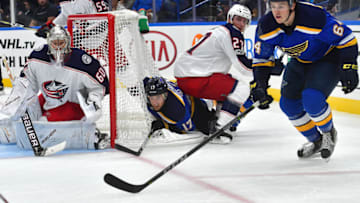 ST. LOUIS, MO - SEPTEMBER 20: St. Louis Blues left wing Jaden Schwartz (17) and St. Louis Blues right wing Samuel Blais (64) track the puck during a pre-season National Hockey League game between the Columbus Blue Jackets and the St. Louis Blues on September 20, 2017, at Scottrade Center in St. Louis, MO. (Photo by Keith Gillett/Icon Sportswire via Getty Images)